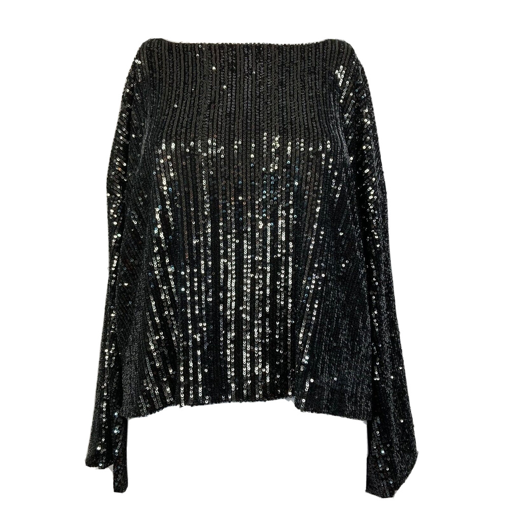 Cupcakes And Cashmere Shirt Womens S Black Sequin Stretch Boat Neck Long Sleeve